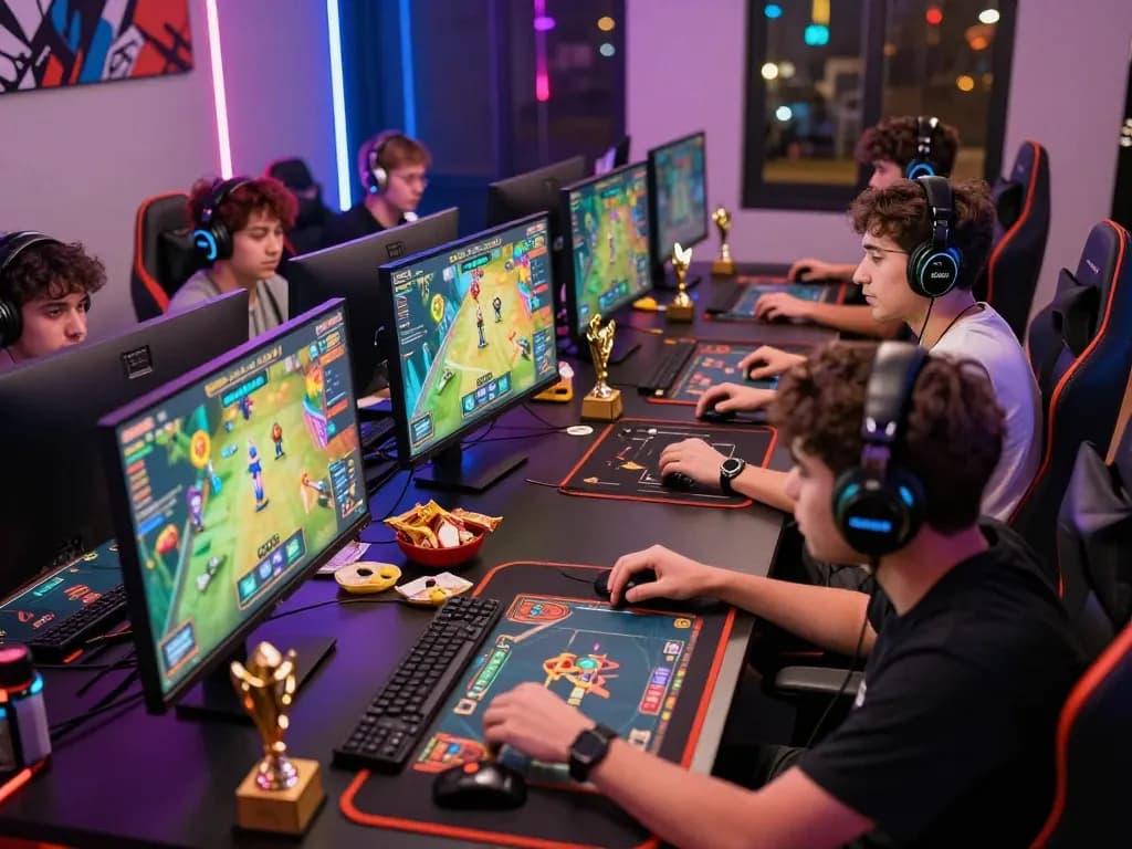 Excited players enjoying Game bài hubet88 in a lively online gaming setup, showcasing competitive atmosphere and vibrant graphics.