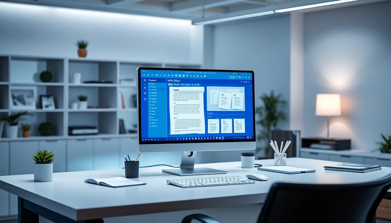 WPS官网下载 demonstration in a modern office workspace showcasing efficient document editing.