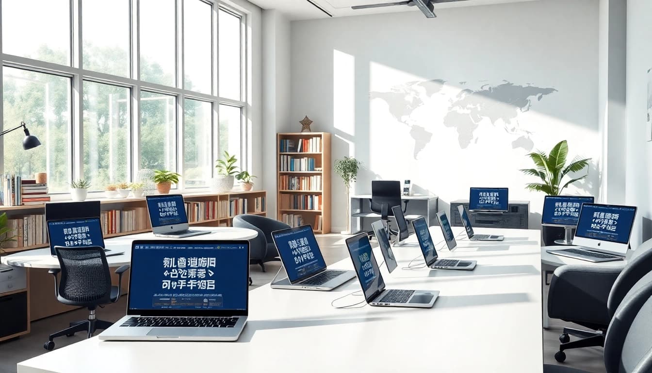 Modern translation office showcasing 有道翻译 tools for global communication.