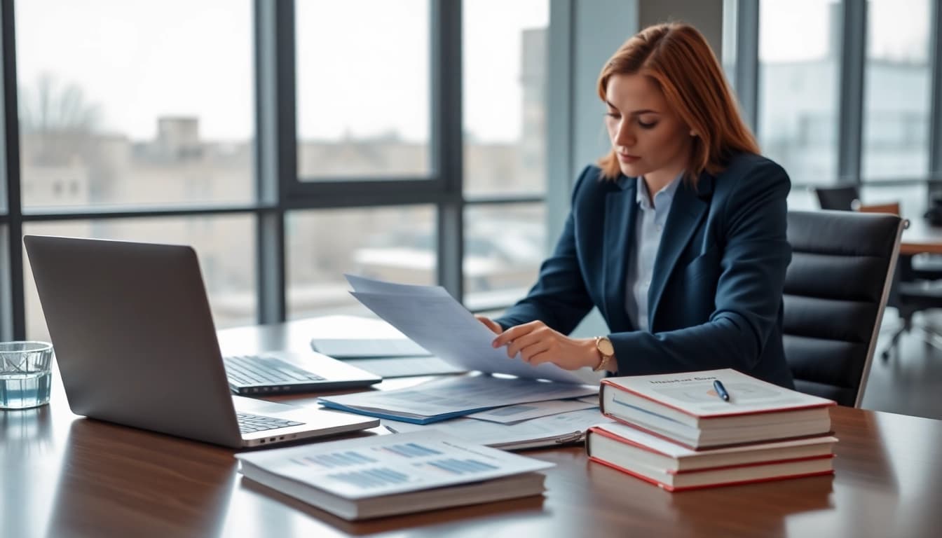 Consultant analyzing FCPA/DCAA/Flowdown/ITAR/EAR compliance documents in a modern office.