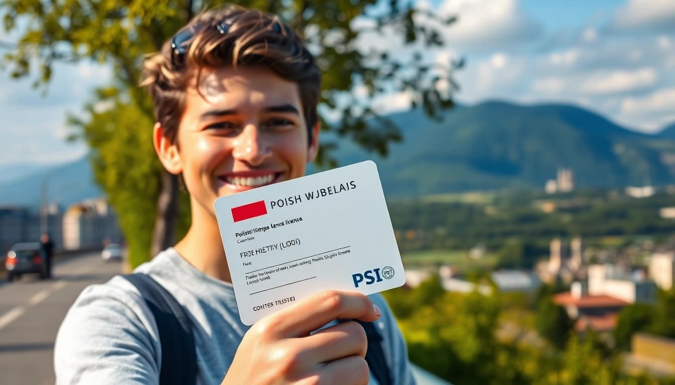 Excited individual proudly displaying their pool rijbewijs kopen in a vibrant urban setting.