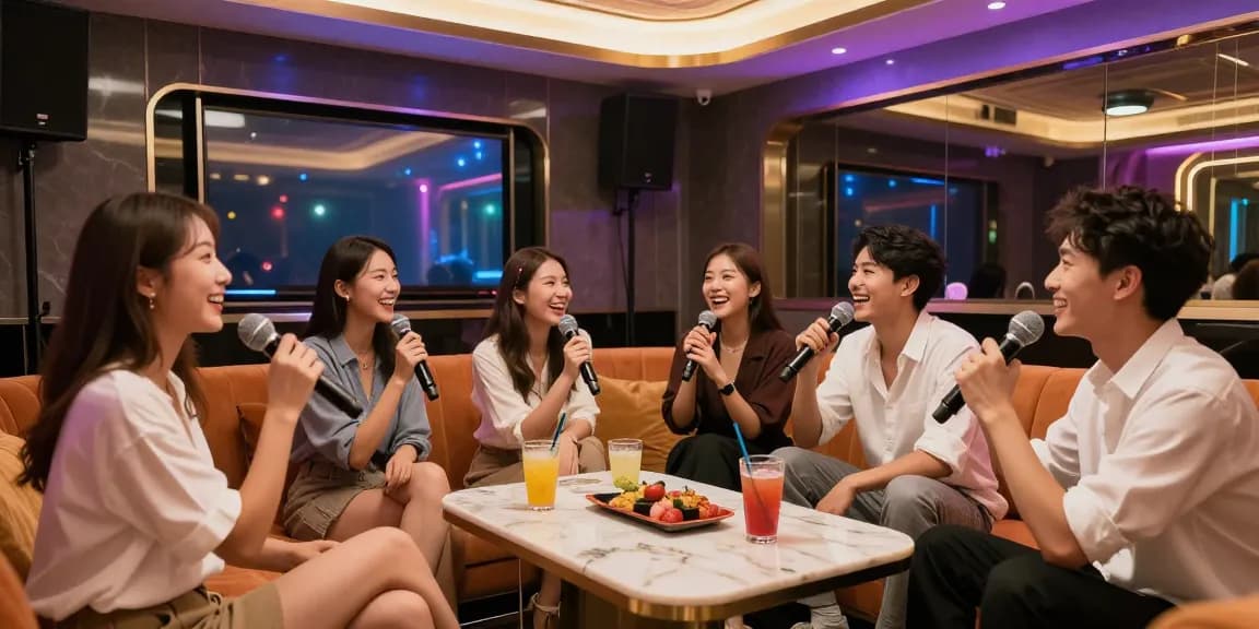 강남 가라오케에서 즐거운 시간을 보내는 젊은 전문직 사람들