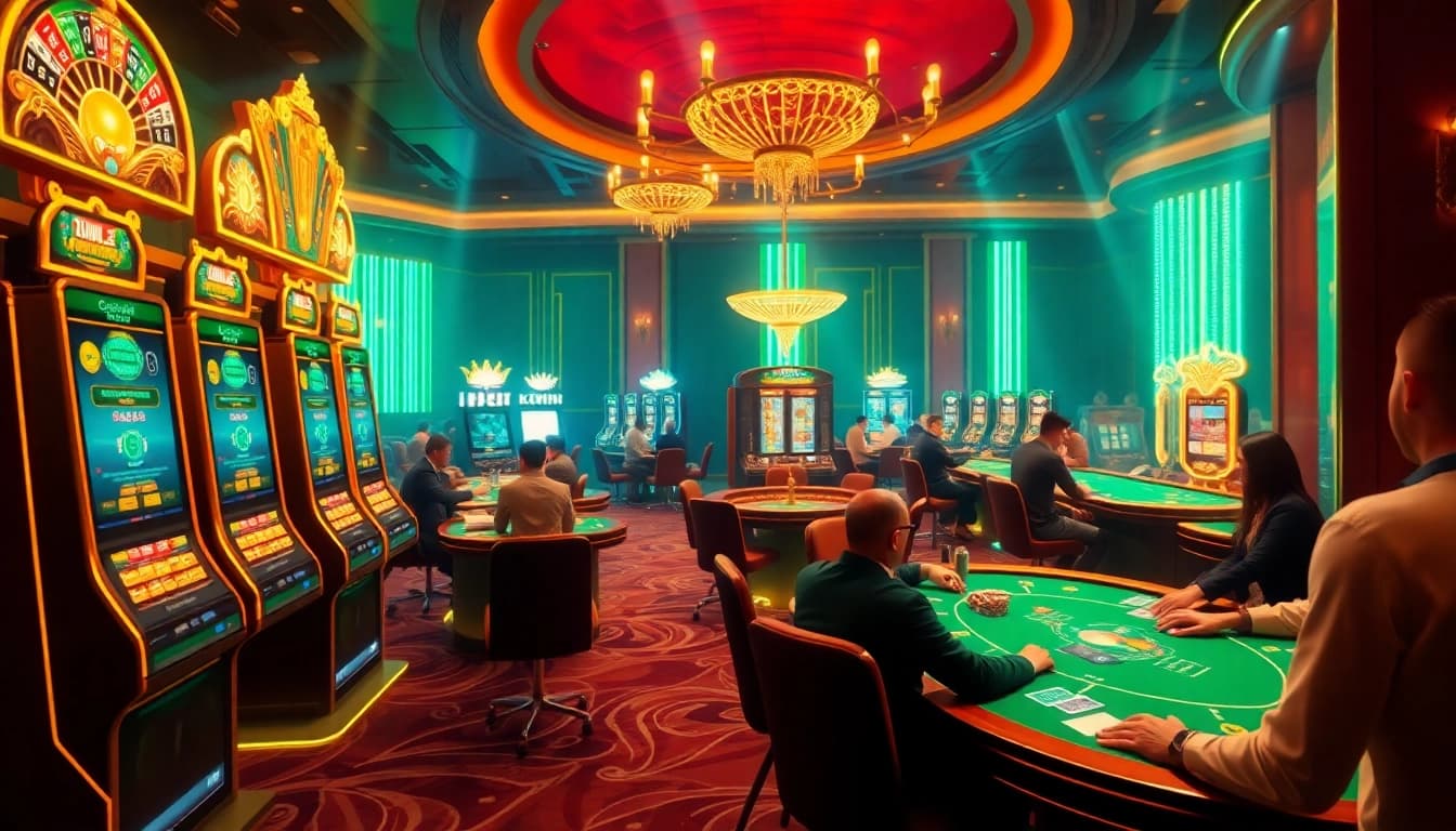 Kuwin.com offers a dynamic online gambling experience featuring vibrant casino elements like poker tables and roulette.