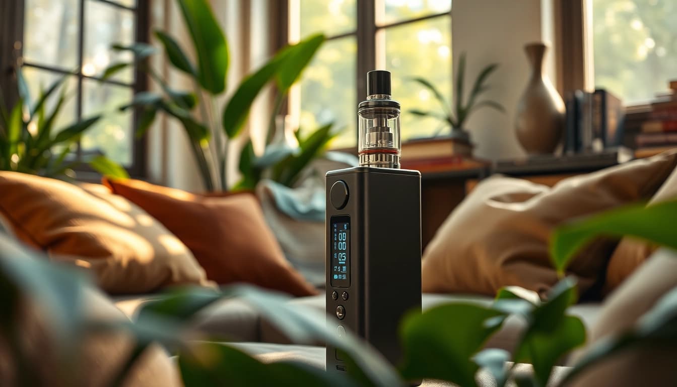 Vaporizer vozol in gemütlicher Lounge mit stilvollen Accessoires.