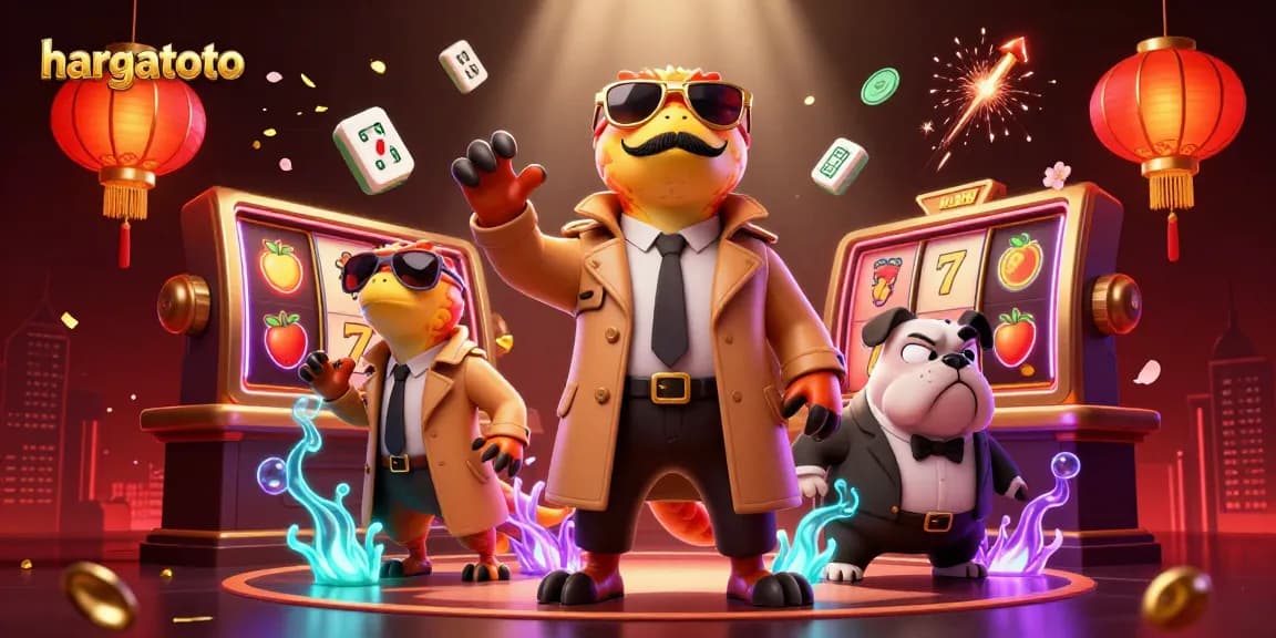Experience the thrill with hargatoto's vibrant slot reels and animated casino scene.