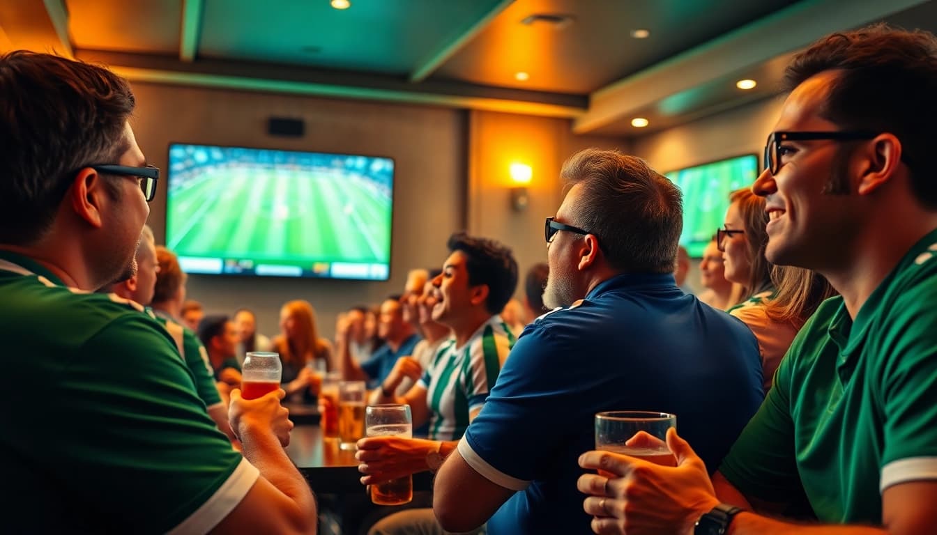 Exciting scene of fans enjoying a live broadcast on 토토티비 in a cozy sports bar, showcasing community and excitement.