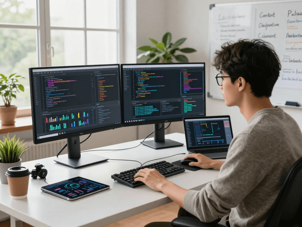 AI detector software development workspace with dual monitors, reflecting advanced content moderation analysis.