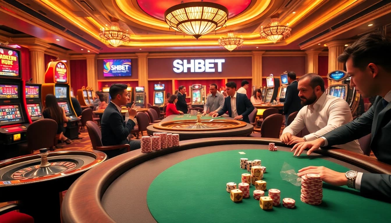 SHBET offers a luxurious casino experience with vibrant gaming tables and engaged players.