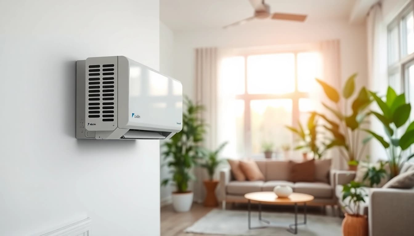 Modern Daikin mini split AC enhancing a stylish living room environment with plants.