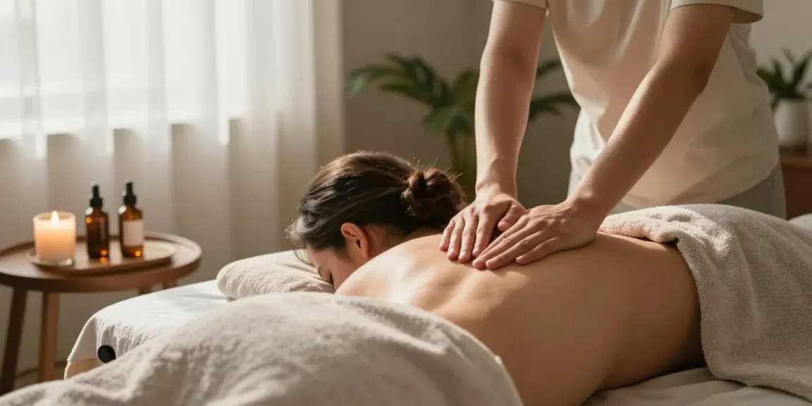 오산출장마사지 서비스를 받는 모습, 편안한 마사지 공간에서 아로마 캔들과 자연 채광이 어우러진 분위기