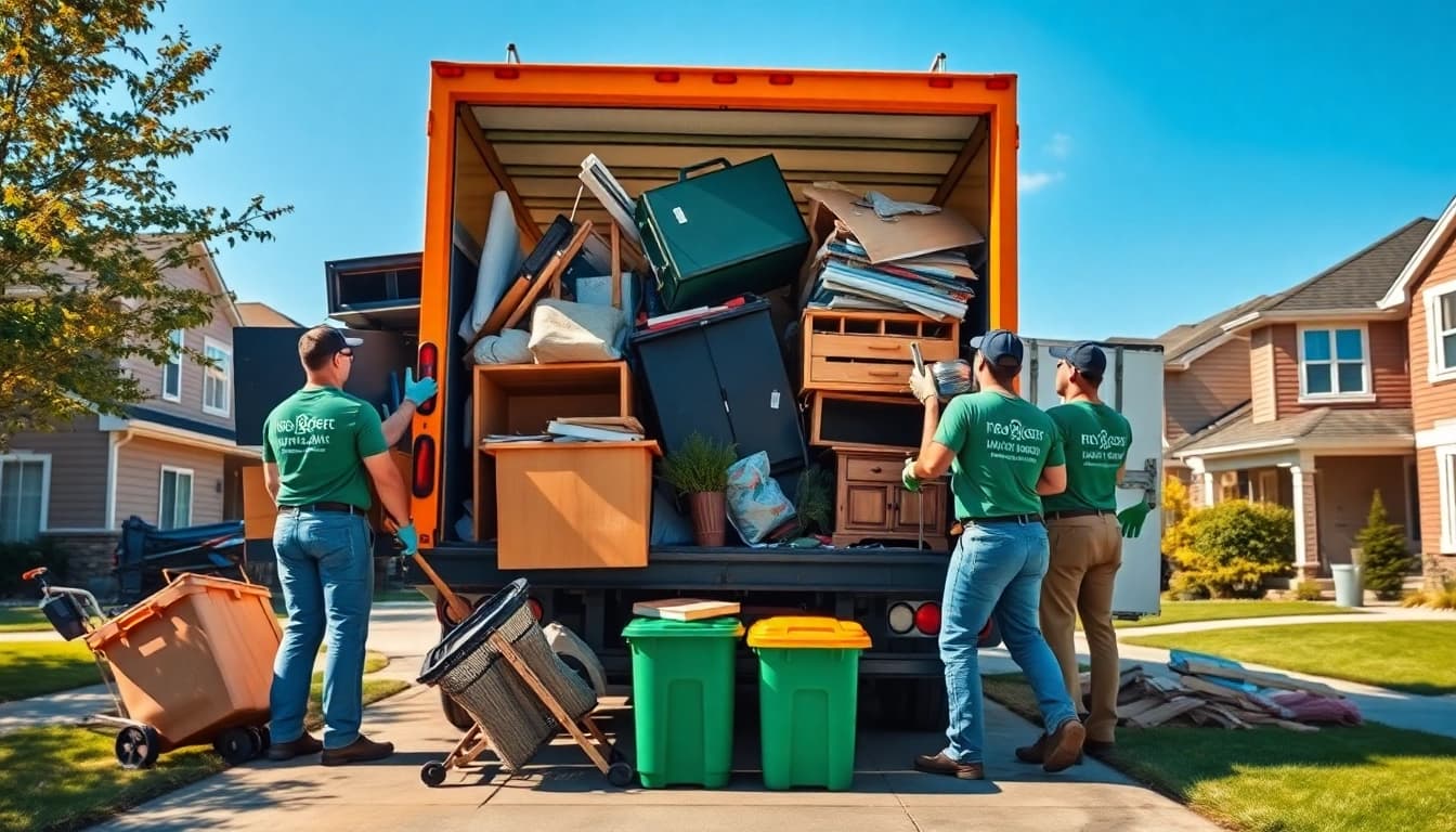 Junk removal services team efficiently loading appliances and furniture into a truck in a clean suburban setting.