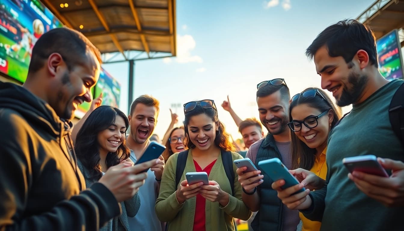 Individuals enthusiastically using online sportsbooks Texas in a vibrant sports betting environment.