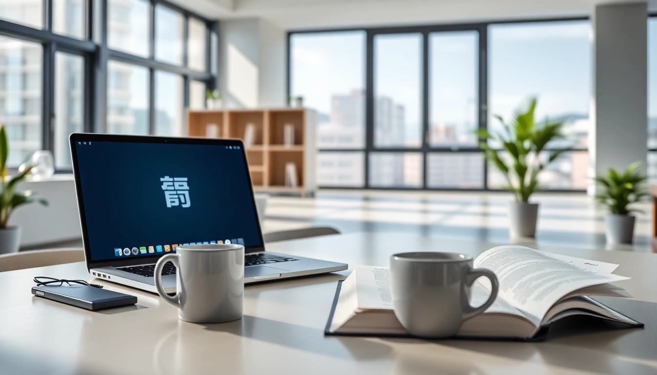 An engaging learning environment showcasing the 有道词典 interface on a laptop with modern educational tools.