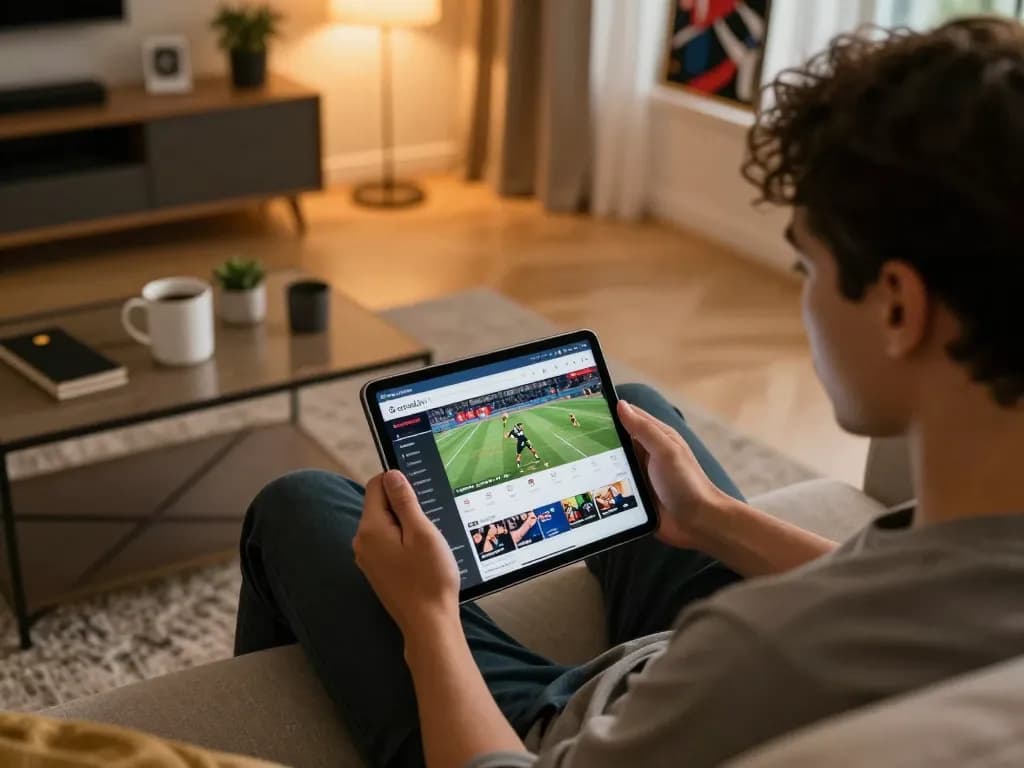 Socolive tv user engaging in live sports betting on a tablet in a cozy home atmosphere.