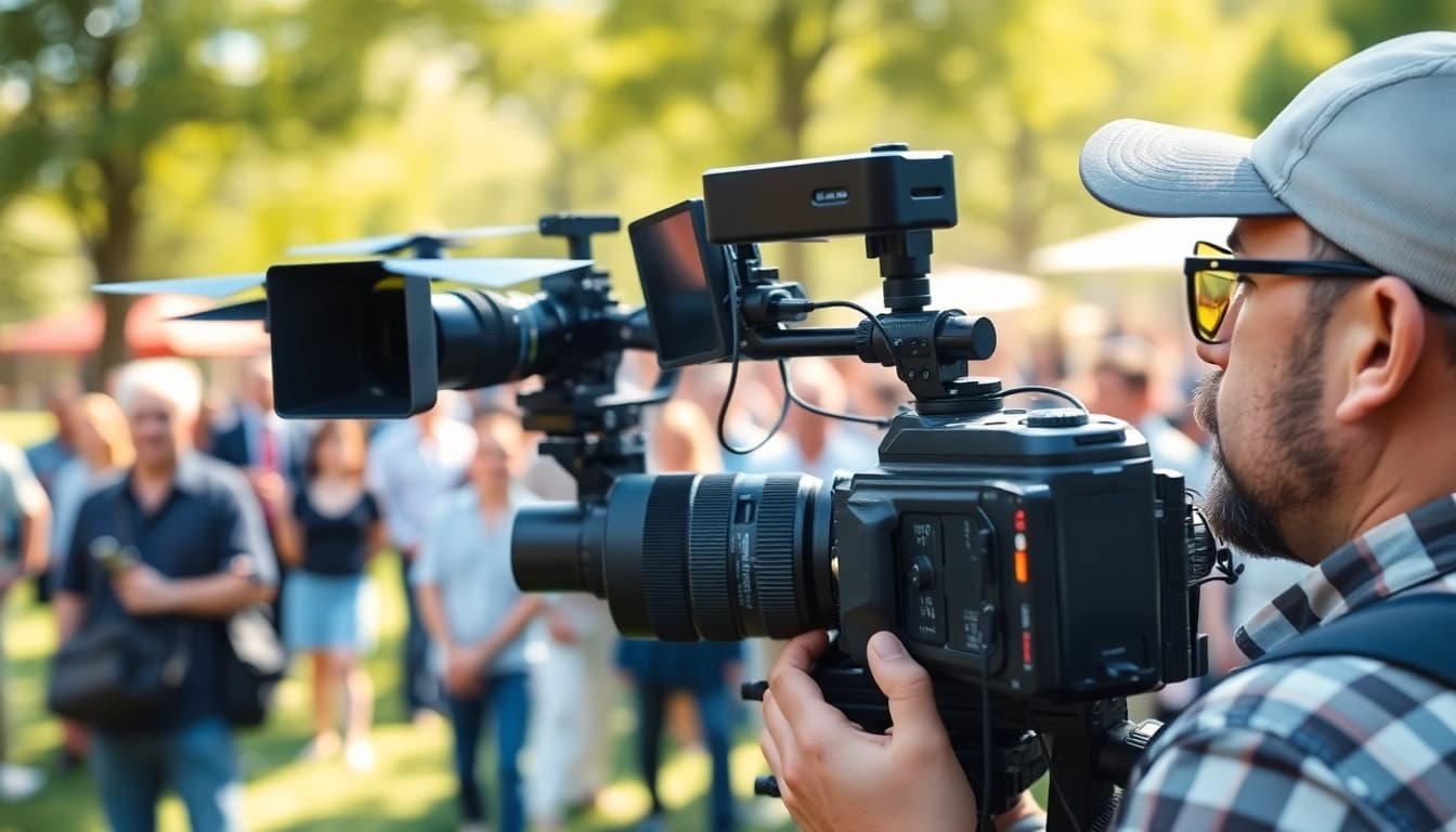 Showcasing mobile production services, a videographer captures an outdoor event with advanced equipment.