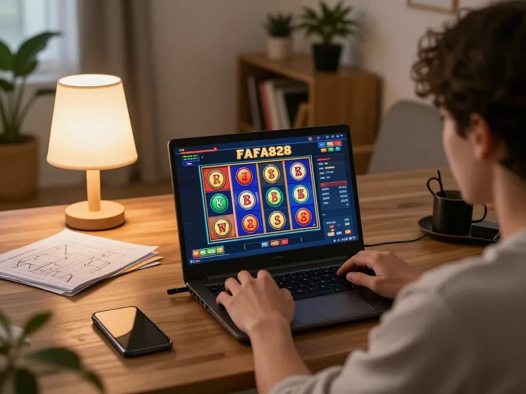Engaging in online slots at FAFA828 on a laptop, demonstrating a vibrant gaming experience.
