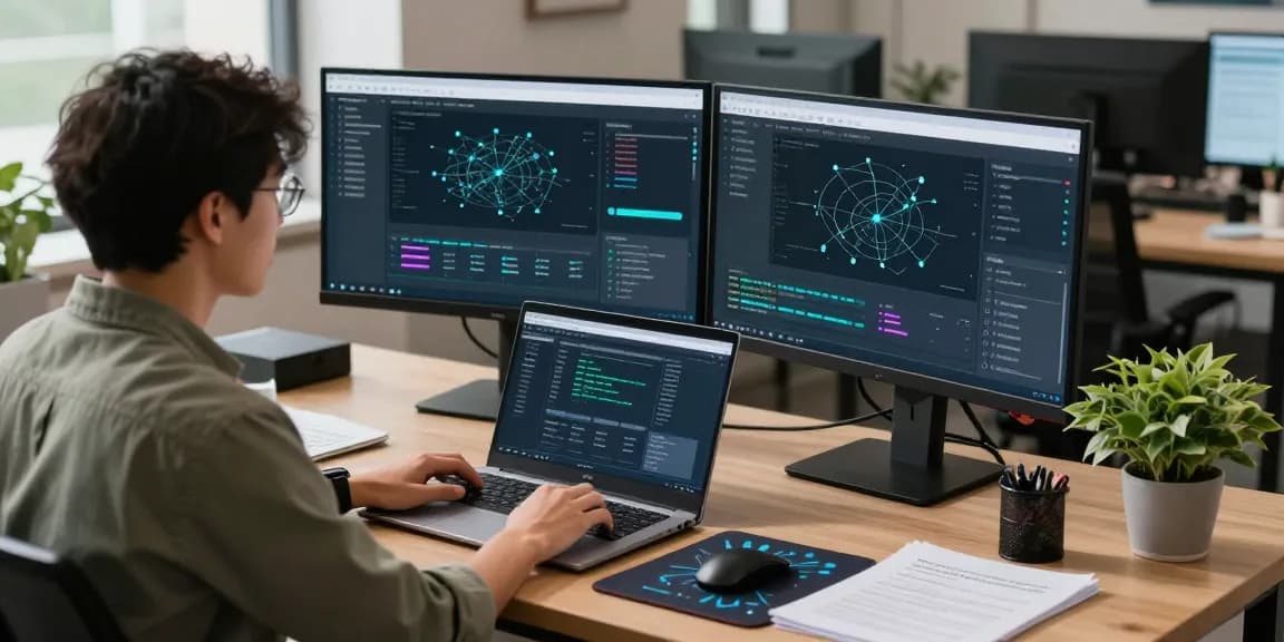 Cybersecurity analyst working on shs-dome5.com security protocols in a modern office.