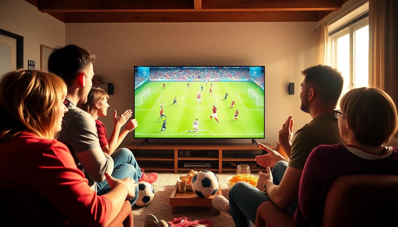 Socolive.com.co enables vibrant soccer fan experiences, showcasing friends cheering in a cozy setting during a live match.