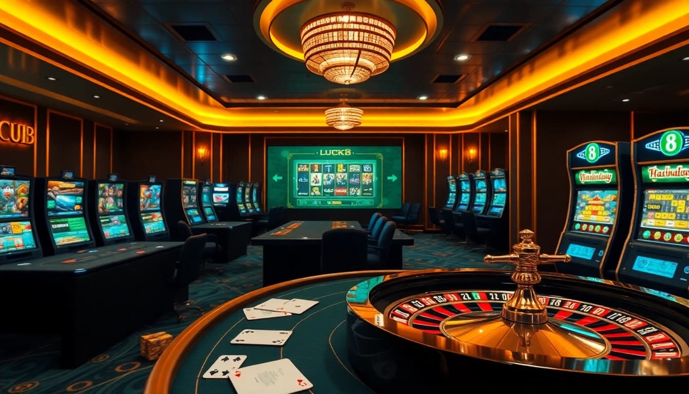 Experience high-stakes excitement with LUCK8 in this vibrant online casino scene featuring roulette and slot machines.