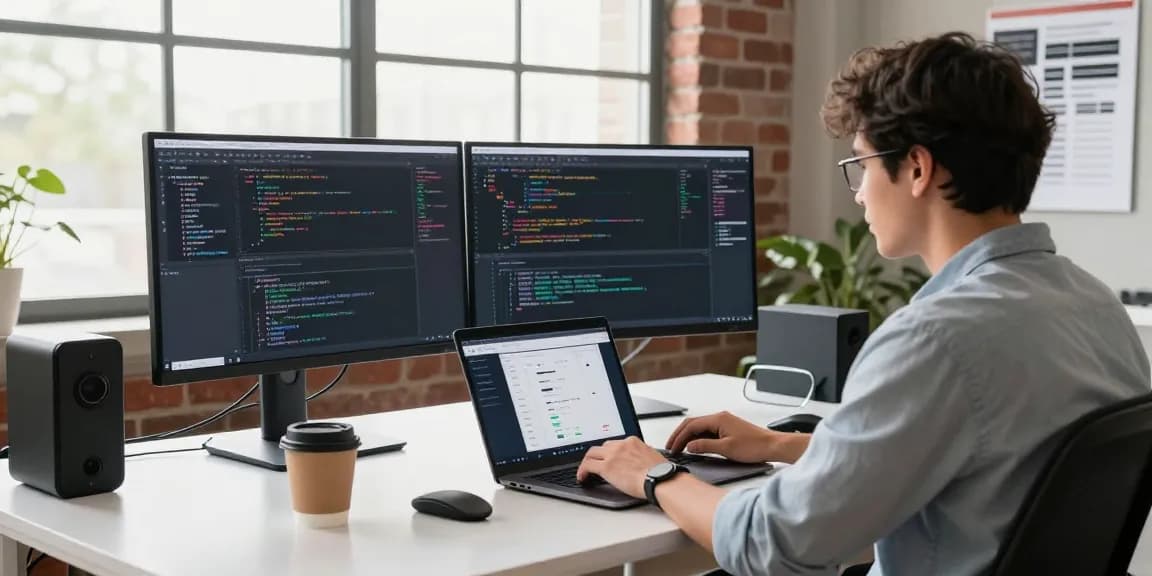 Modern tech workspace illustrating the 纸飞机中文版官网 development environment with multiple screens and coding activity.