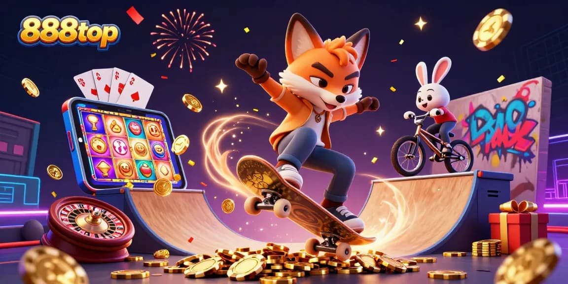 Experience thrilling wins at 888top with a lively scene of cartoon characters showcasing vibrant casino elements.