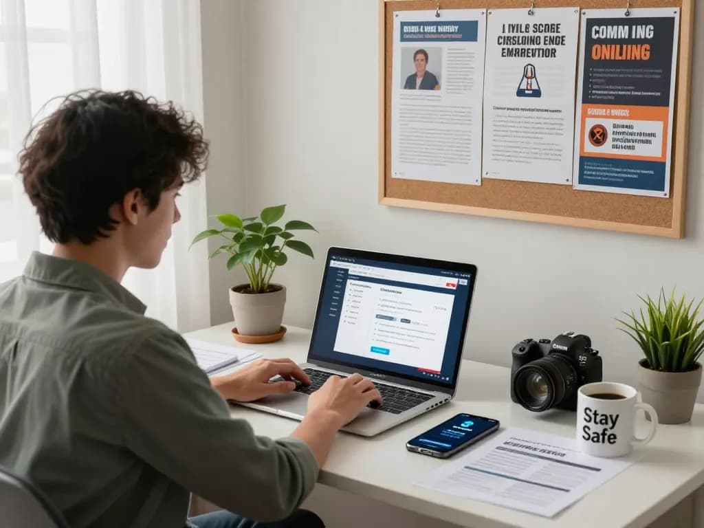 Individual learning about the Pig Butchering Scam in a modern home office.