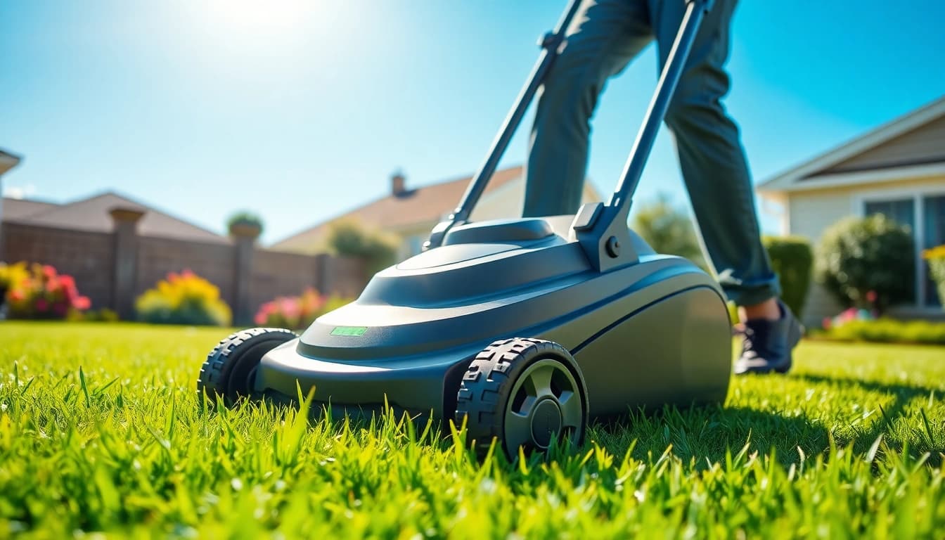 Electric lawn mower cordless cutting a vibrant green lawn in a sunny suburban yard.