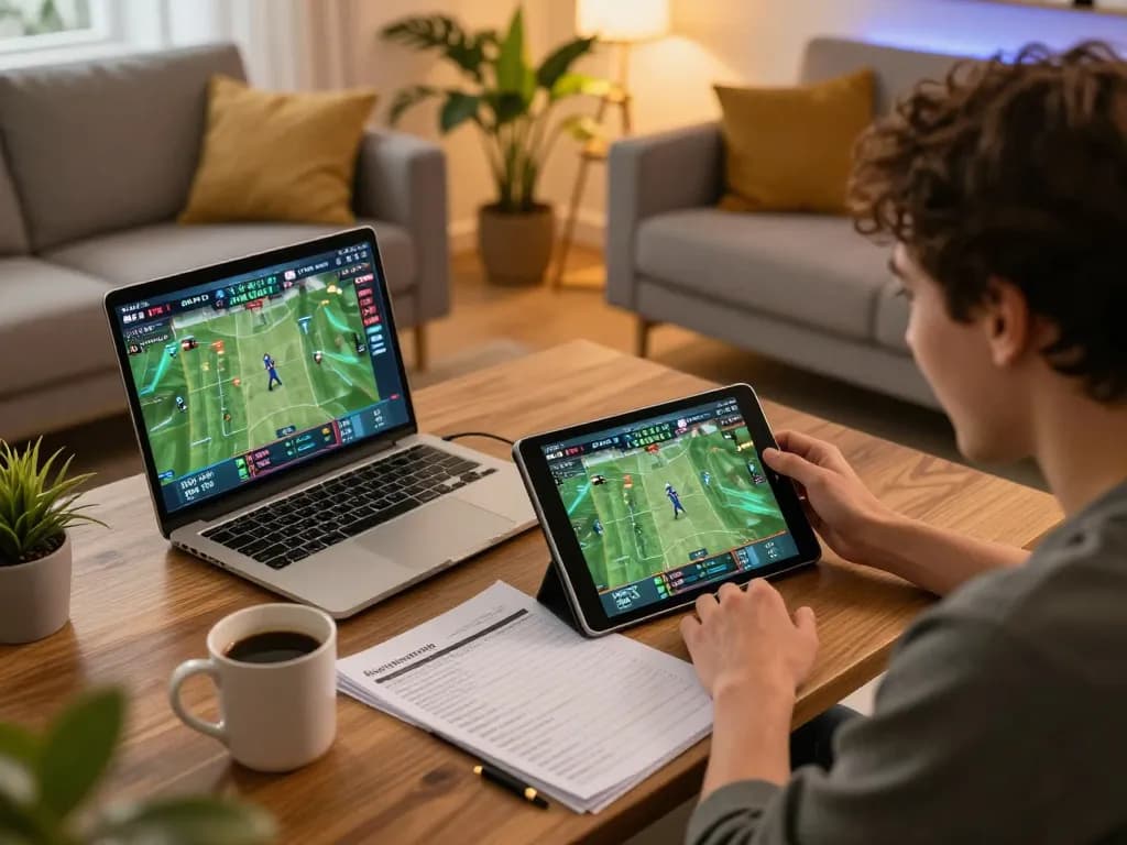 Xoilactv user engaging with live betting on tablet in a cozy home setup during sports events.