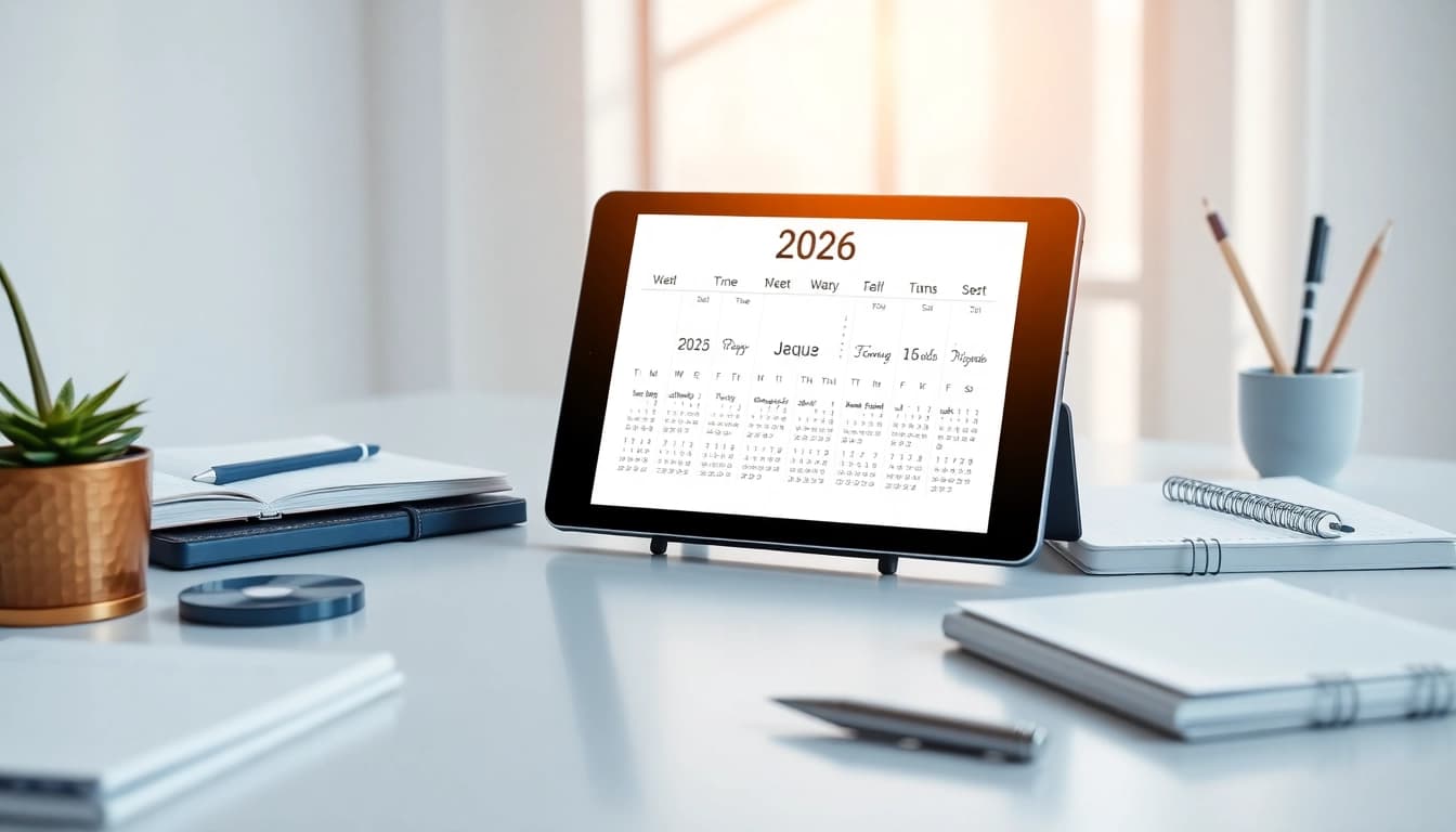 2026 calendar PDF displayed neatly on a desk, highlighting its design and organization.