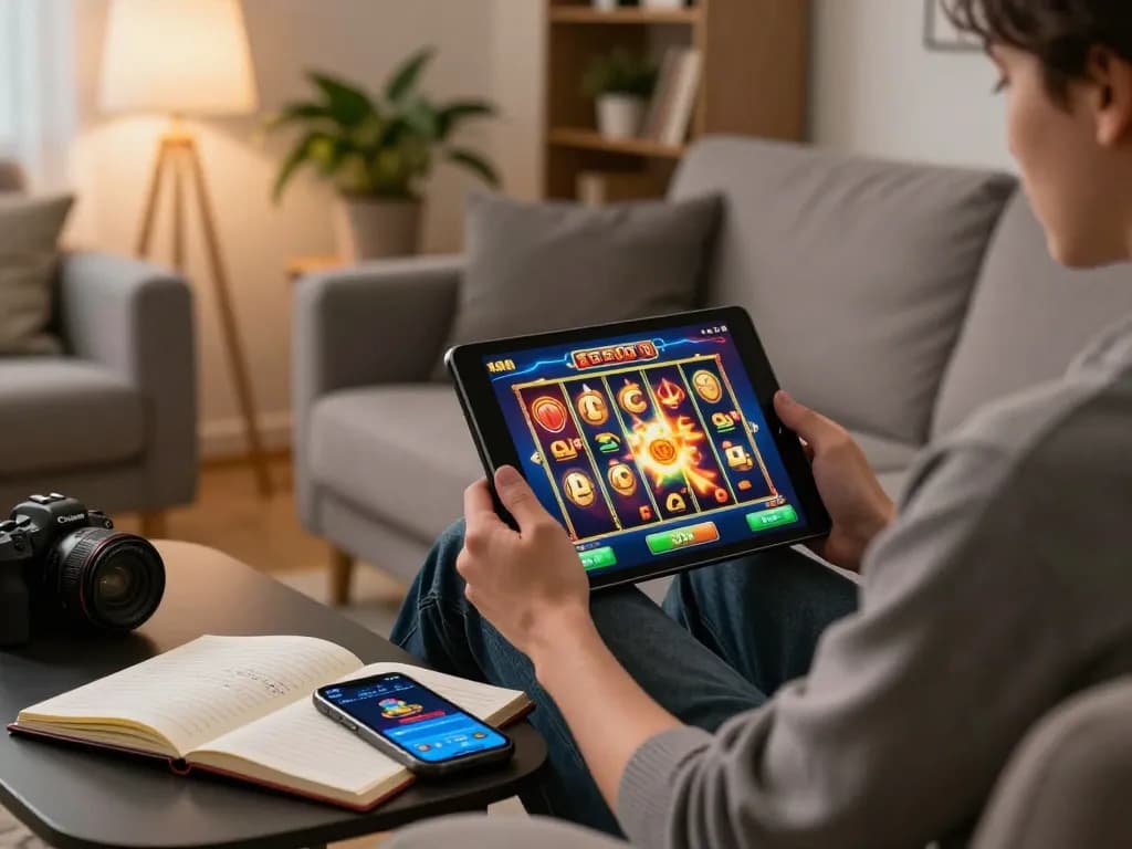 Engaged gamer enjoying link slot action on a tablet in a cozy home environment.