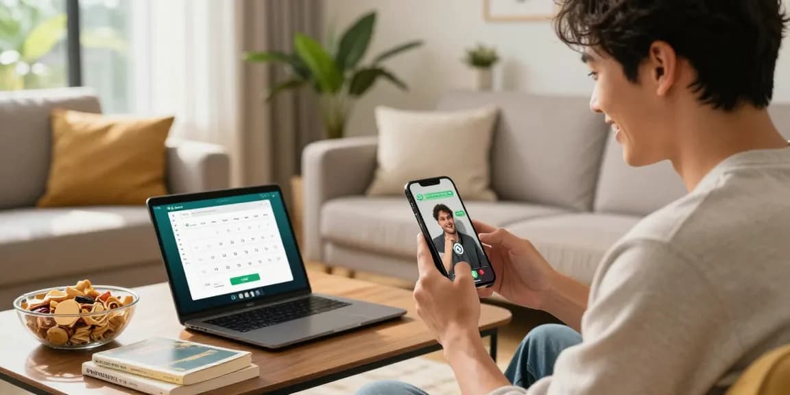 Engaging WhatsApp下載 experience in a cozy living room as a user connects with friends through video call.