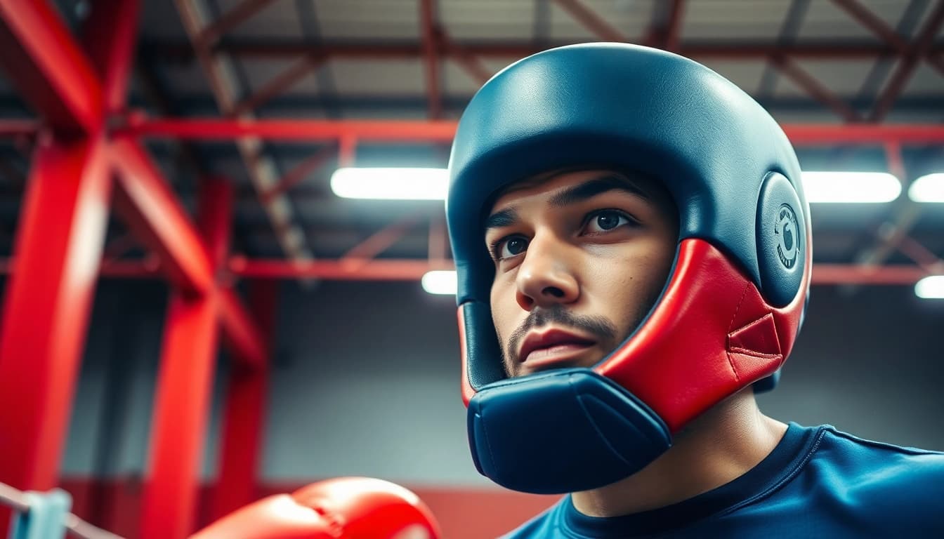 Kämpfer trägt headgear boxing im Training, betont Sicherheit und Komfort.