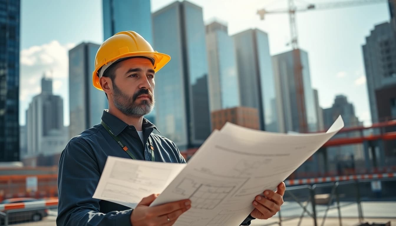 Manhattan Construction Manager analyzing blueprints at a bustling construction site.