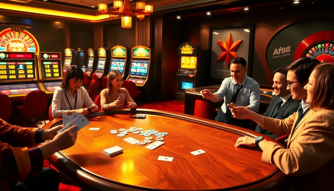 AF88 gamblers placing bets at a plush casino table with chips and cards.