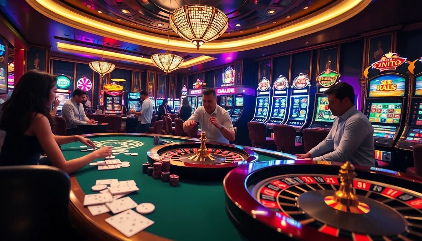 The thrilling atmosphere at https://jun88site.com/ captures players engaged at poker tables and slot machines in a luxurious casino setting.