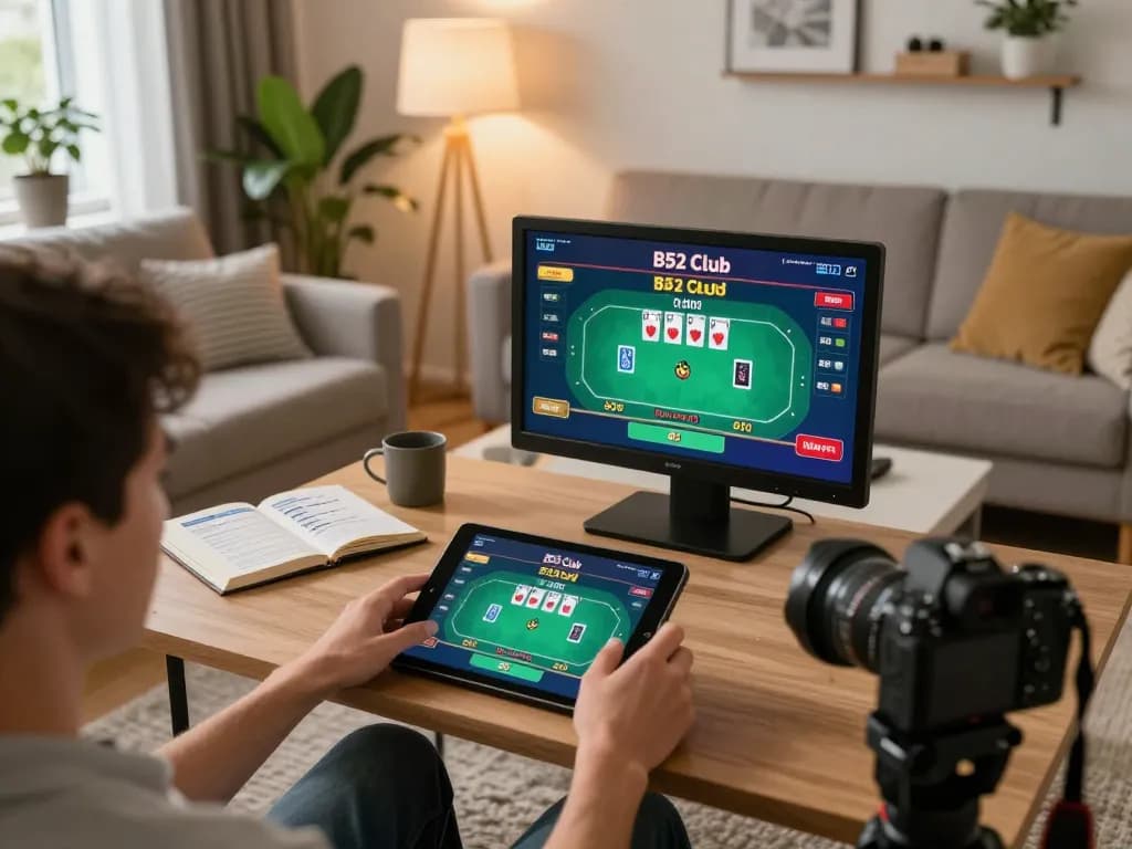 B52 Club home gaming scene with a player strategically enjoying poker on a tablet.