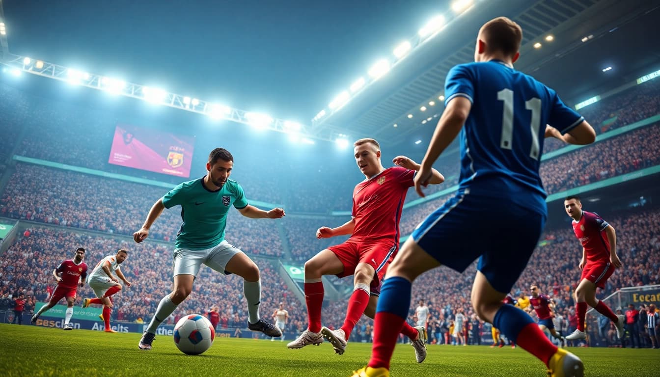 Dynamic soccer gameplay showcasing action in a vibrant stadium filled with fans, highlighting บ้านบอลผลบอล.