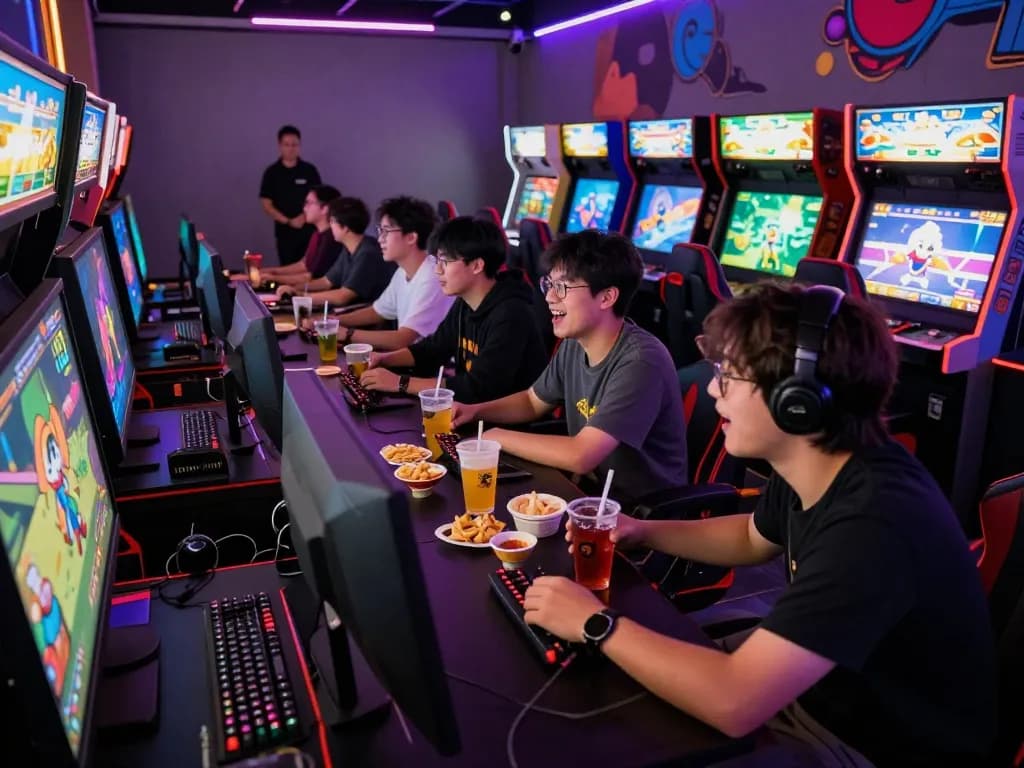 Group of gamers at sc881.COM arcade, enjoying multiplayer gaming and vibrant atmosphere.