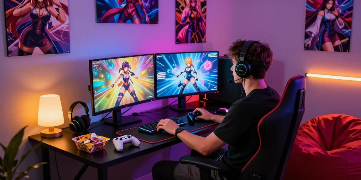 Engaging scene of a gamer playing vibrant hentai game on a modern setup, showcasing colorful graphics and gaming accessories.