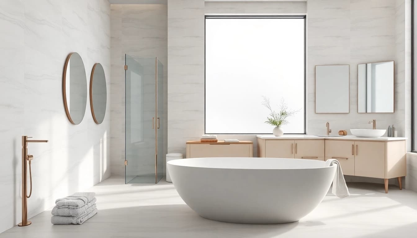 Stylish modern bathroom renovation near me with luxury fixtures and serene atmosphere