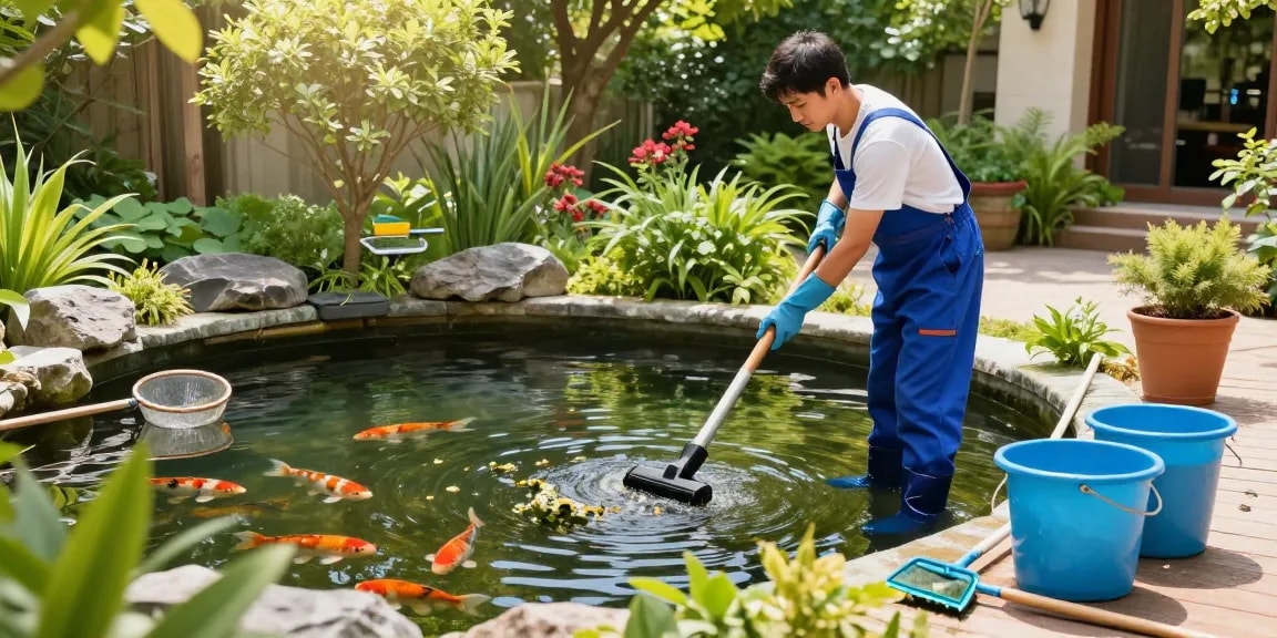Pond Cleaning Sussex services featuring a technician cleaning a garden pond with koi fish.