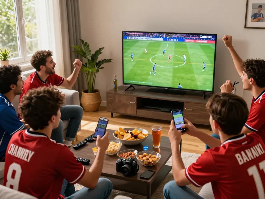 CakhiaTV football viewing party scene, showcasing group excitement and camaraderie in vibrant living room atmosphere.