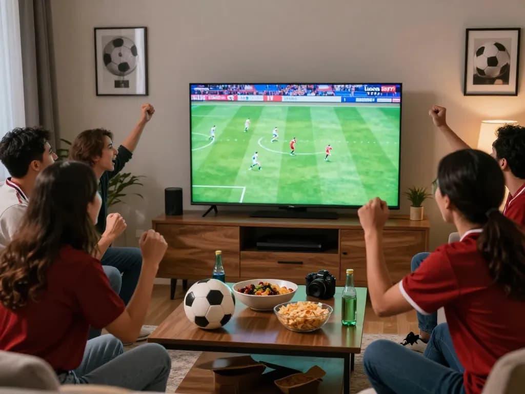 Friends enjoying a thrilling football match on LuongSonTV in a lively living room.