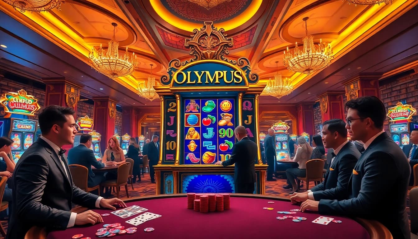 Gamblers enjoying the thrilling Olympus slot machine in an elegant casino setting.