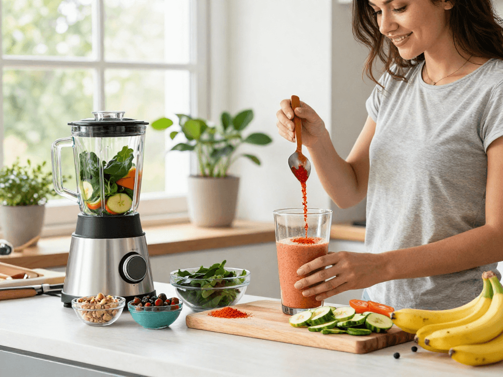 A vibrant kitchen scene showcasing a person blending a smoothie with vegan astaxanthin, fresh fruits, and healthy ingredients.