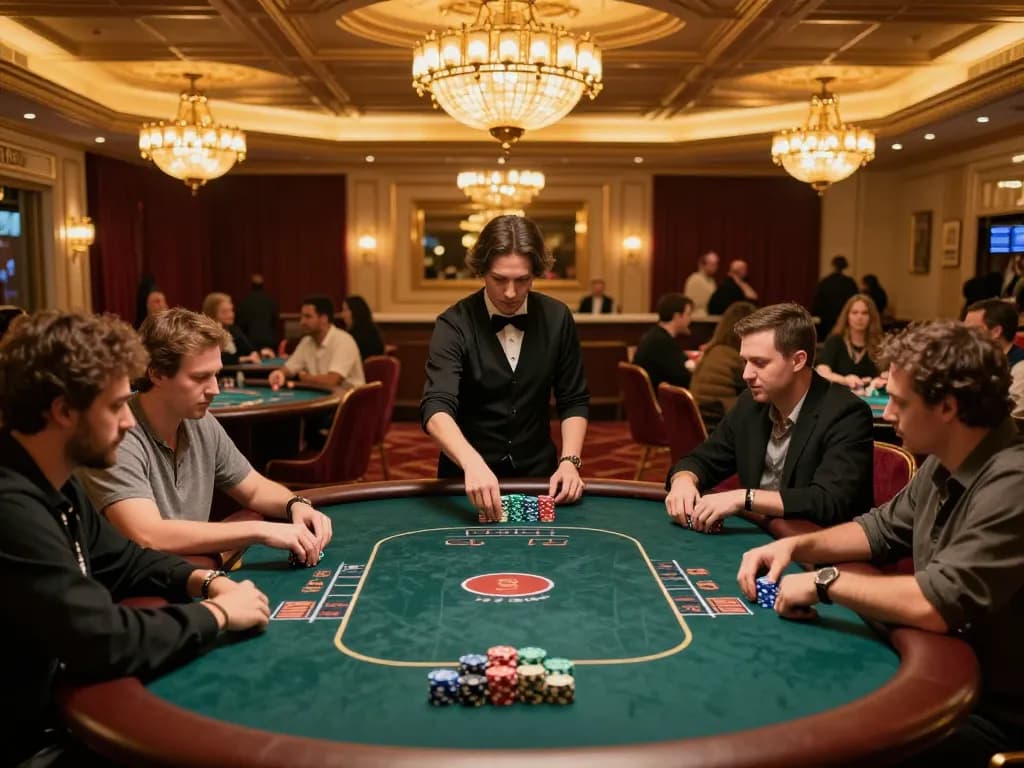 KKWIN poker players strategizing at an upscale casino table, showcasing vibrant chips and engaging gameplay.