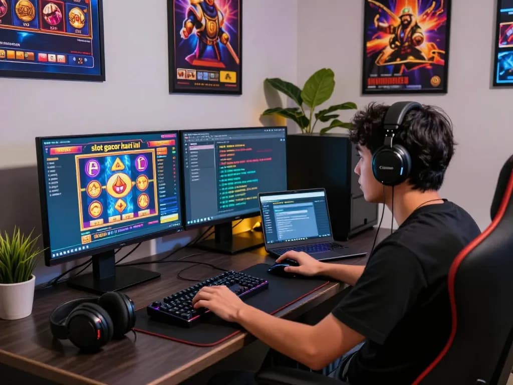Exciting gaming scene focusing on "slot gacor hari ini" with a player engaged in online slots.