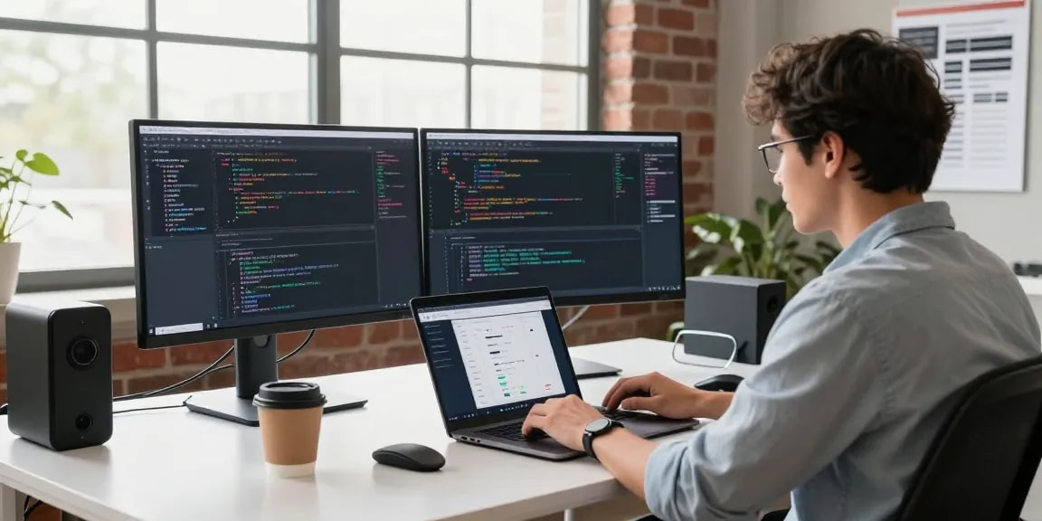 Modern tech workspace illustrating the 纸飞机中文版官网 development environment with multiple screens and coding activity.