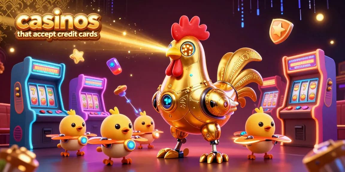 Experience excitement at casinos that accept credit cards with golden rooster robot and vibrant gaming elements.