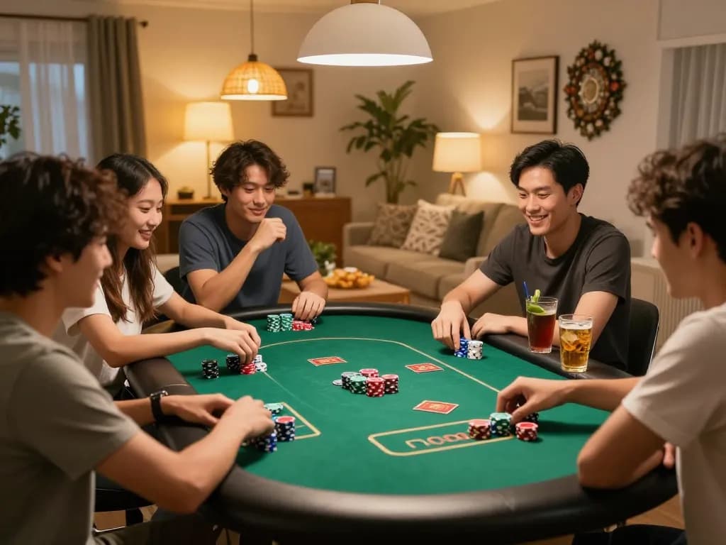 Friends enjoying a poker night with f8bet themed games and vibrant atmosphere